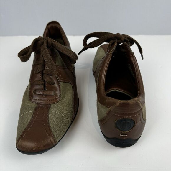 Gucci Olive Green Canvas and Leather Sneakers Size 5.5B EU35.5 Casual Sport VTG - Picture 3 of 16